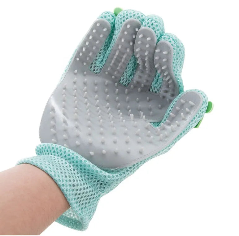 Silicone pet hair removal brush and grooming glove for cats and dogs in Pink, Grey, or Green.