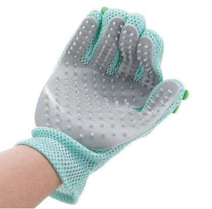 Silicone pet hair removal brush and grooming glove for cats and dogs in Pink, Grey, or Green.