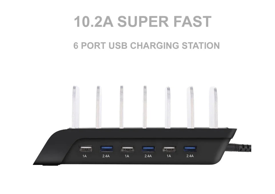 6-port USB charging hub with sleek, space-saving design and intelligent fast charging technology