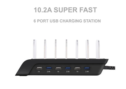 6-port USB charging hub with sleek, space-saving design and intelligent fast charging technology