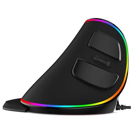 Vertical ergonomic computer mouse with RGB lighting and USB cable.