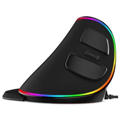Vertical ergonomic computer mouse with RGB lighting and USB cable.