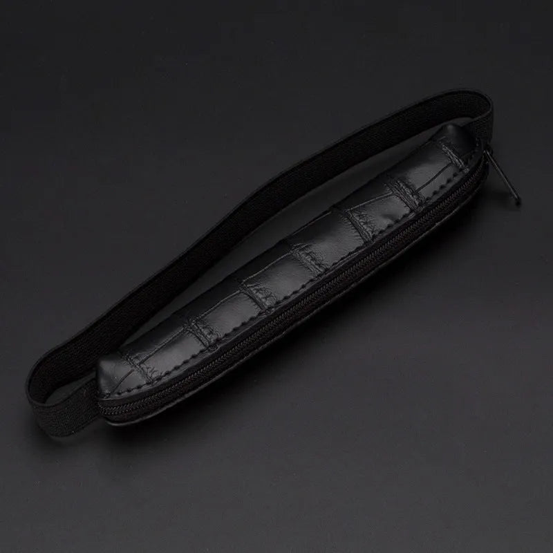 Long slim PU leather pencil case showing beige grey colour option with dimensions 16.5 by 3 cm