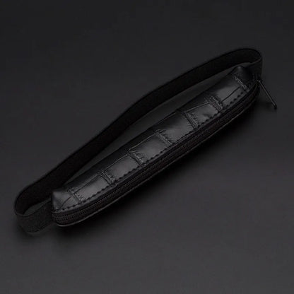 Long slim PU leather pencil case showing beige grey colour option with dimensions 16.5 by 3 cm