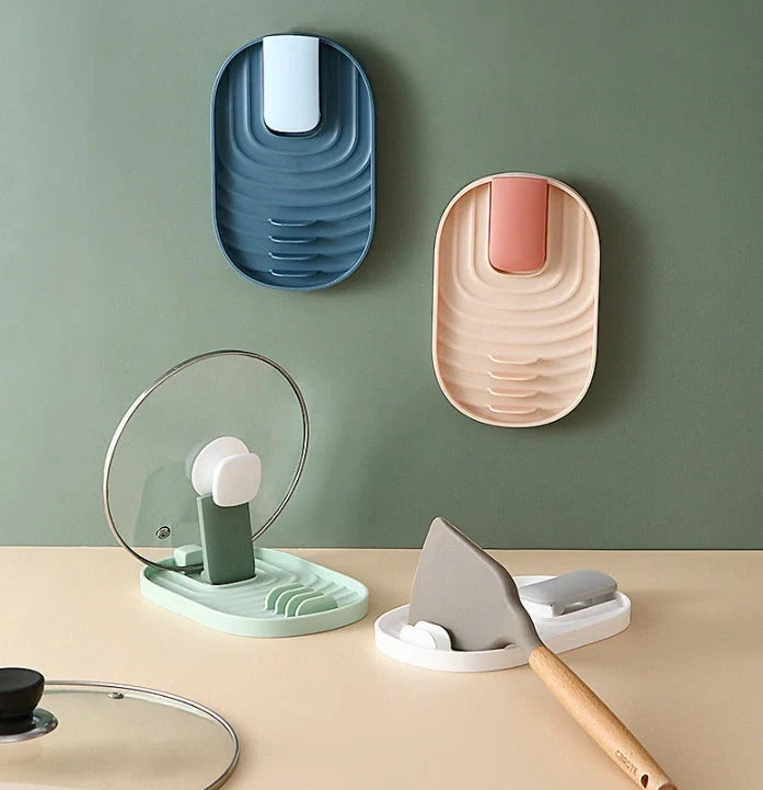 Nordic wall-mounted pot lid and cooking spoon holder with drain tray in green, pink, blue, and white