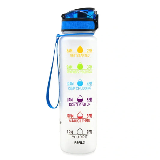 Tritan sports water bottle with frosted gradient finish and flip-top lid showing blue-red colour transition