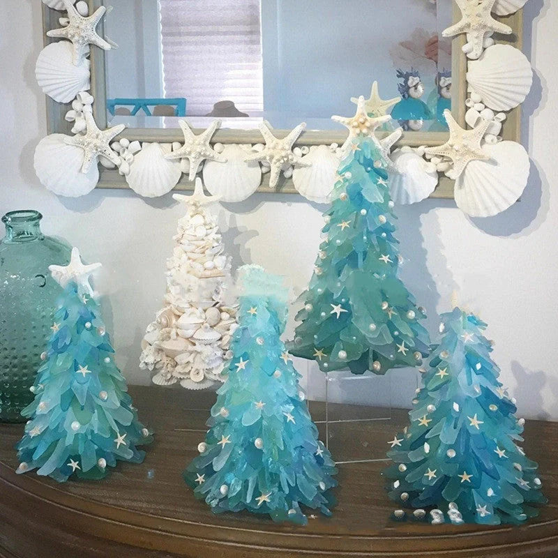 Blue PVC Christmas tree decoration with ocean-themed design, 15cm in height