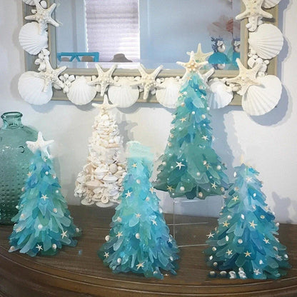 Blue PVC Christmas tree decoration with ocean-themed design, 15cm in height