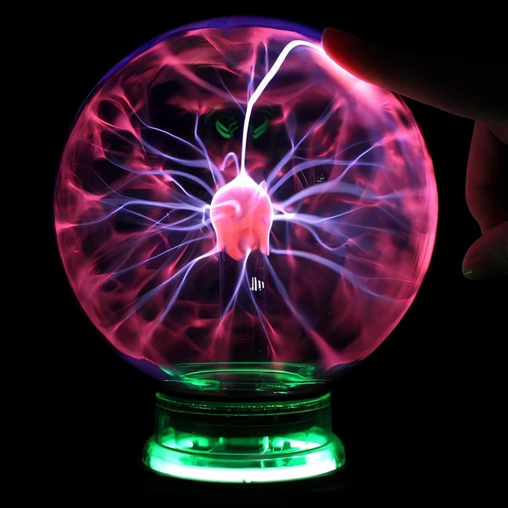 Plasma lightning ball with colourful electrostatic patterns inside 6-inch glass sphere responding to touch