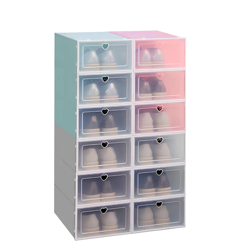 Transparent plastic shoe box showing stackable design and clear construction