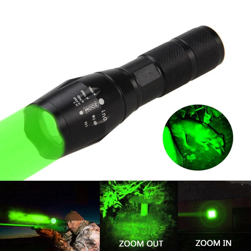 Zoomable LED flashlight for outdoor adventures, adjustable focus, durable aluminum alloy construction.