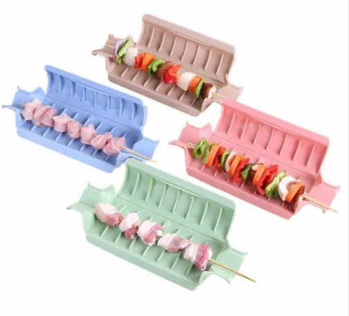 8-frame anti-skid kebab protector for BBQ skewers in green, khaki, blue, and pink