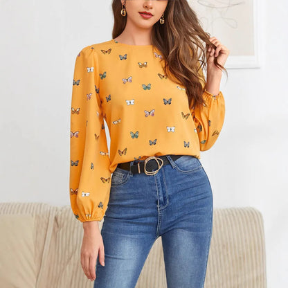Women's loose fit long-sleeved shirt with colourful butterfly print in green colour option