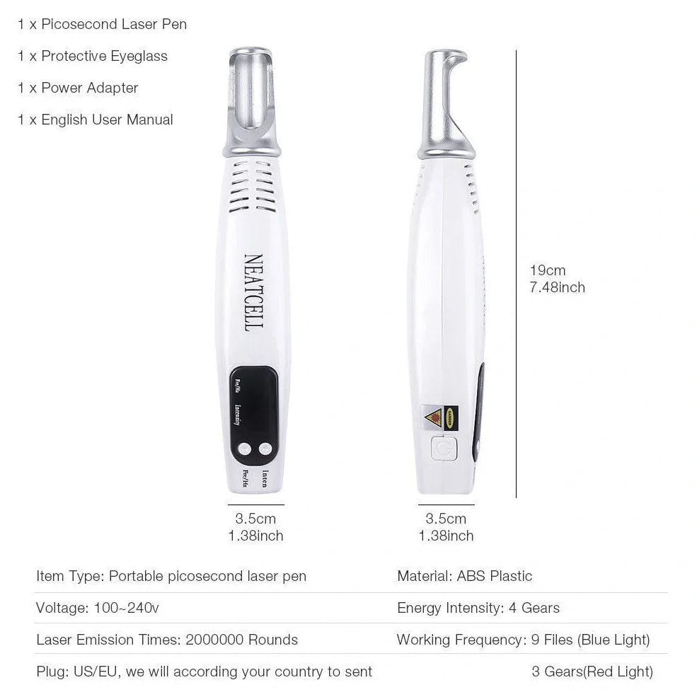 Blue home picosecond laser mole pen with adjustable intensity buttons and dual light therapy modes for skin treatment