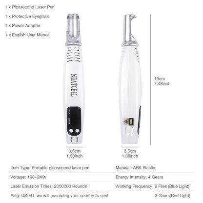 Blue home picosecond laser mole pen with adjustable intensity buttons and dual light therapy modes for skin treatment