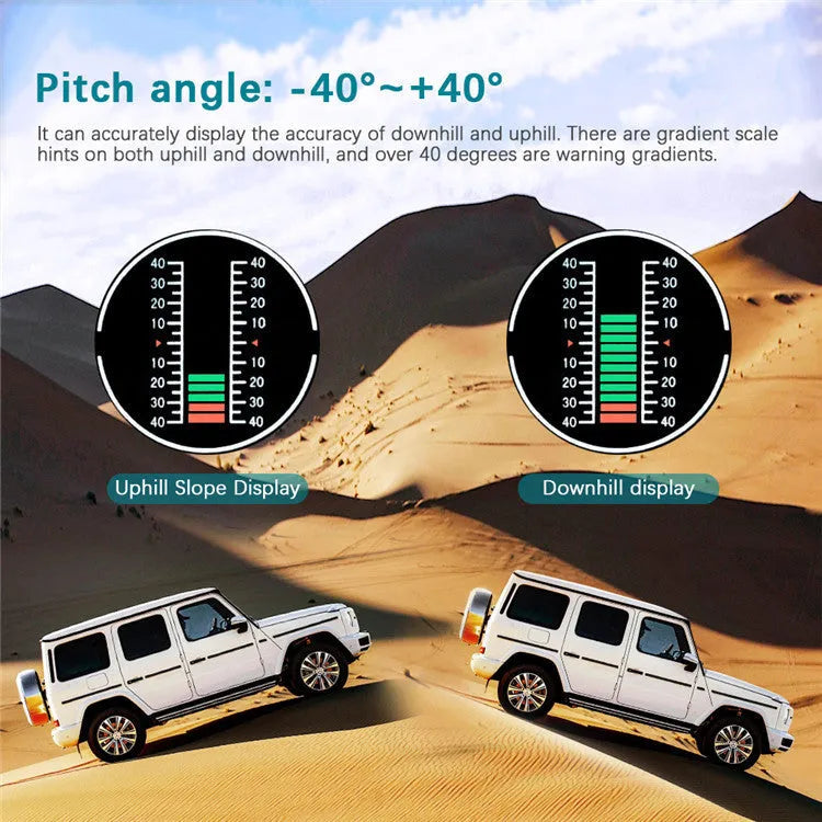 GPS GO 2 car heads-up display monitor showing speed, angle gradient, compass and altitude data on colour LCD screen