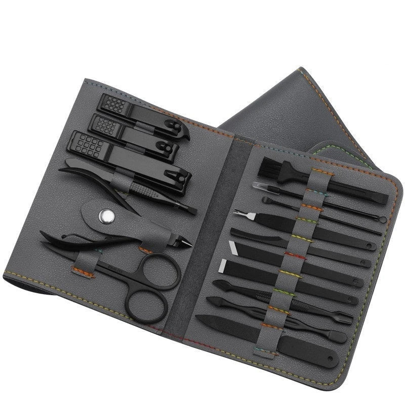 Premium 16-piece manicure set with sleek leather case, including nail clippers, scissors, tweezers, and other grooming tools