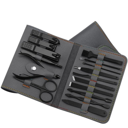 Premium 16-piece manicure set with sleek leather case, including nail clippers, scissors, tweezers, and other grooming tools