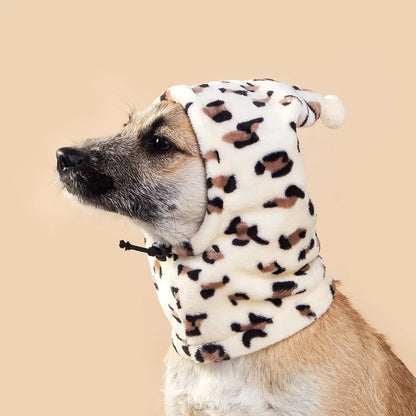 Bear headdress with rabbit ears pet hat in leopard print, black, or red for dogs and cats, showing cloth material and size options.