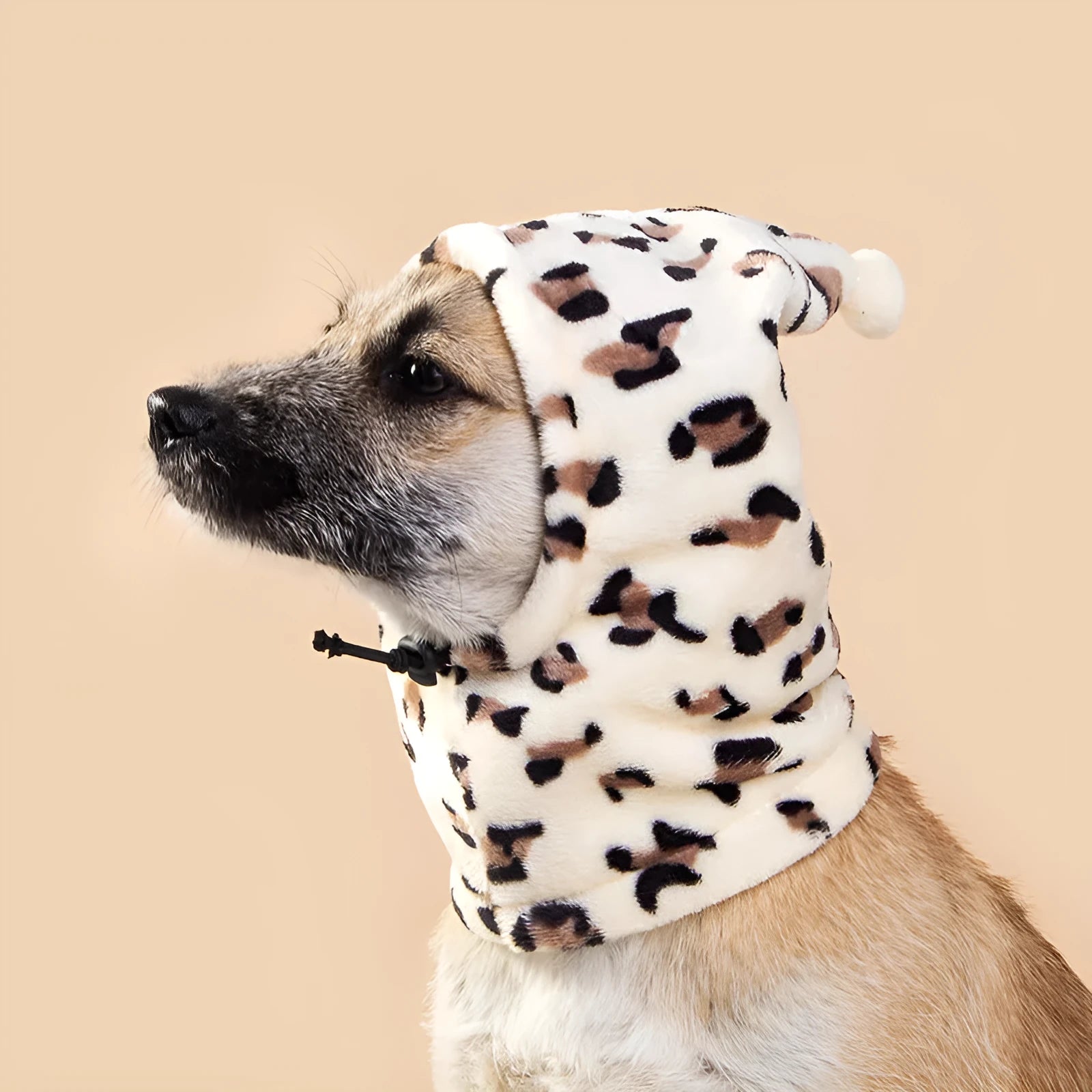Cloth pet headgear with animal ears in leopard print, black, and red colours for dogs and cats