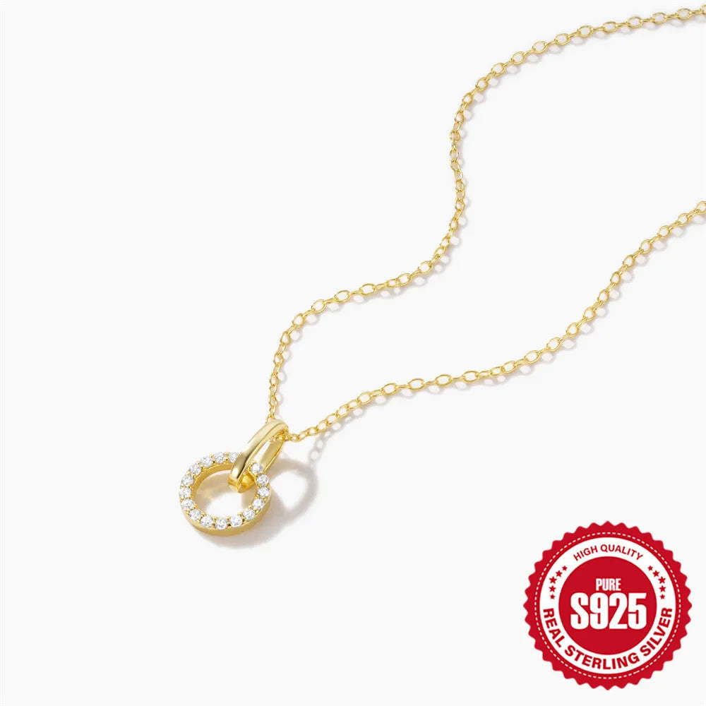 Women's S925 sterling silver clavicle chain necklace with gold colour finish and interlocking zircon design