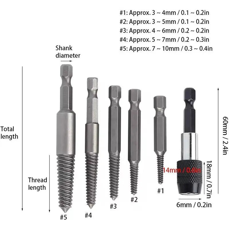 12-piece silver screw extractor set with hexagonal handles for removing damaged screws