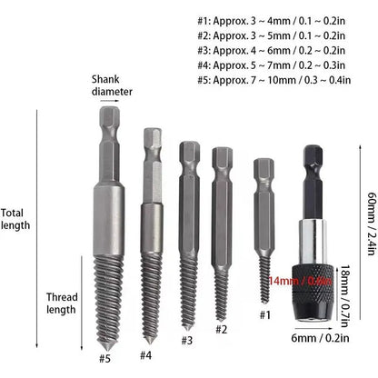 12-piece silver screw extractor set with hexagonal handles for removing damaged screws