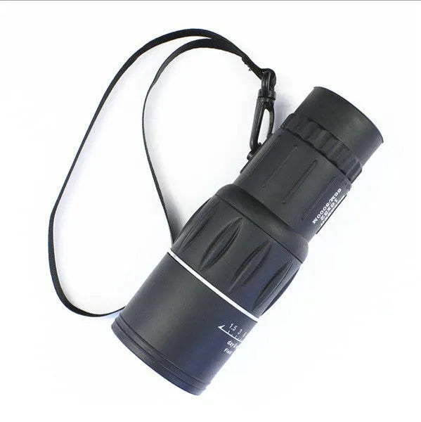 Black 16x52 high-power monocular with 52mm objective lens and textured grip