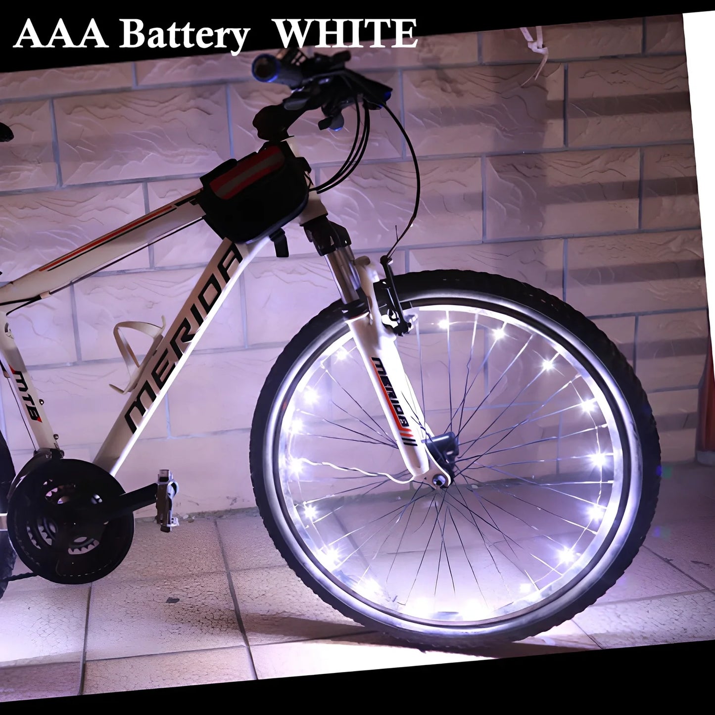 Mountain bike spoke light with 2200mm LED strip and 35mm black housing between spokes