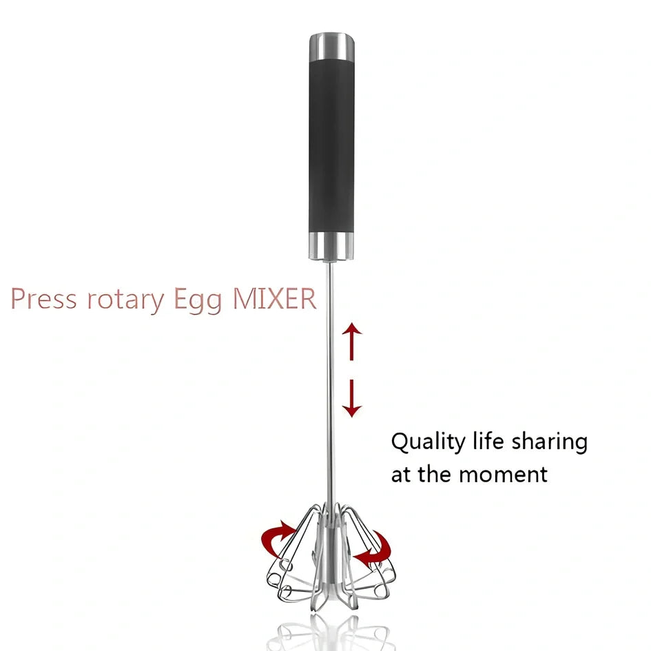 Self-spinning whisk with straight stainless steel design and black handle in multiple colours