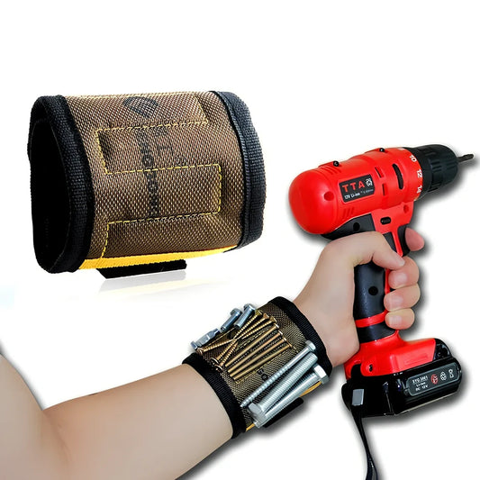 Adjustable magnetic wristband with five embedded magnets on 1680D Oxford cloth, showing tool holding capability