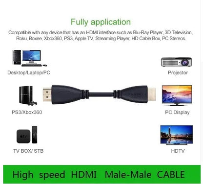 Gold-plated HDMI male-to-male cable showing connector detail and multiple length options