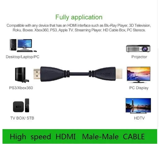 HDMI cable male-to-male connection in 3ft, 0.3m, 1m, 1.5m, 2m, 3m, 5m lengths with gold-plated plug connectors, HDMI 1.4 version supporting HD 1080p and 3D video signals for HDTV, XBOX, PS3, and computer use