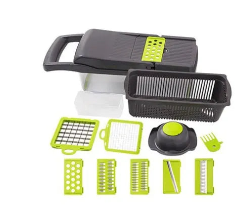 Multifunctional vegetable cutter with seven stainless steel blades on a food-grade plastic body.