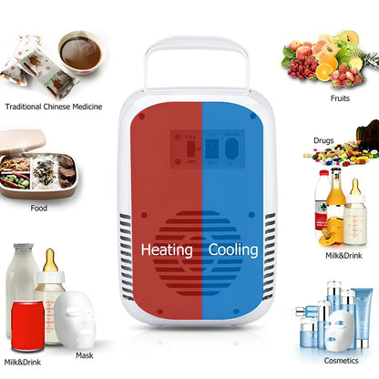 Blue 4L car refrigerator with handle showing dimensions and cigarette lighter plug