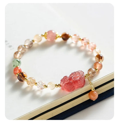 Strawberry quartz crystal bracelet with copper chain, Pixiu charm, and natural pearls in dopamine crystal colour