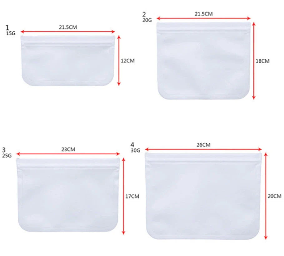 Transparent PEVA food storage bags with silica gel absorbers in various sizes