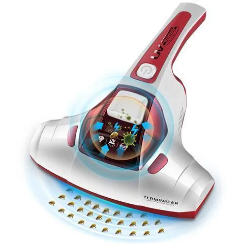 Handheld vacuum mite cleaner in pink colour with UK plug and cleaning attachments
