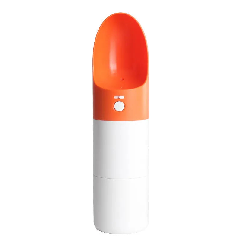 White and grey rocket-shaped pet water bottle with drinking outlet and lock button