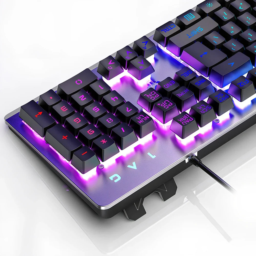 K002 metal gaming keyboard with rainbow backlighting and 104-key layout showing USB connection