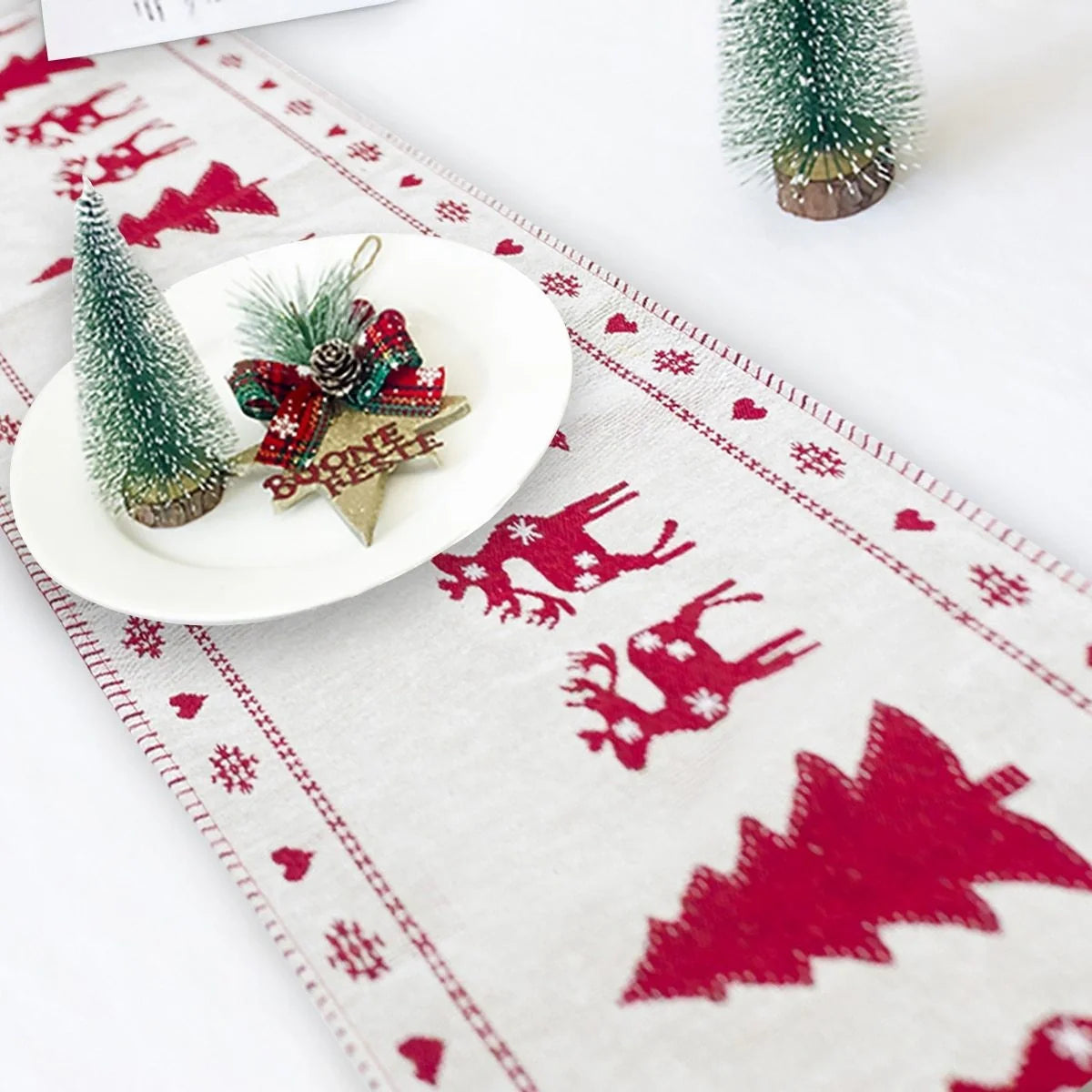 Christmas Elk Snowman Table Runner with festive design for holiday decor