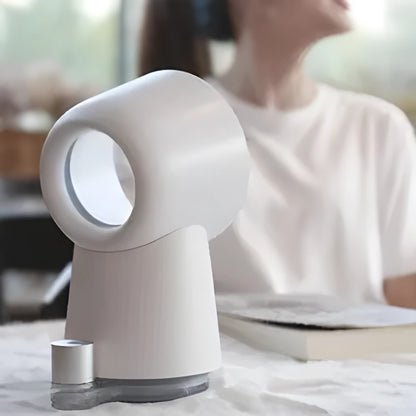 White desktop bladeless fan with humidification spray, 3 speeds, 60ml tank, 129x145x227mm
