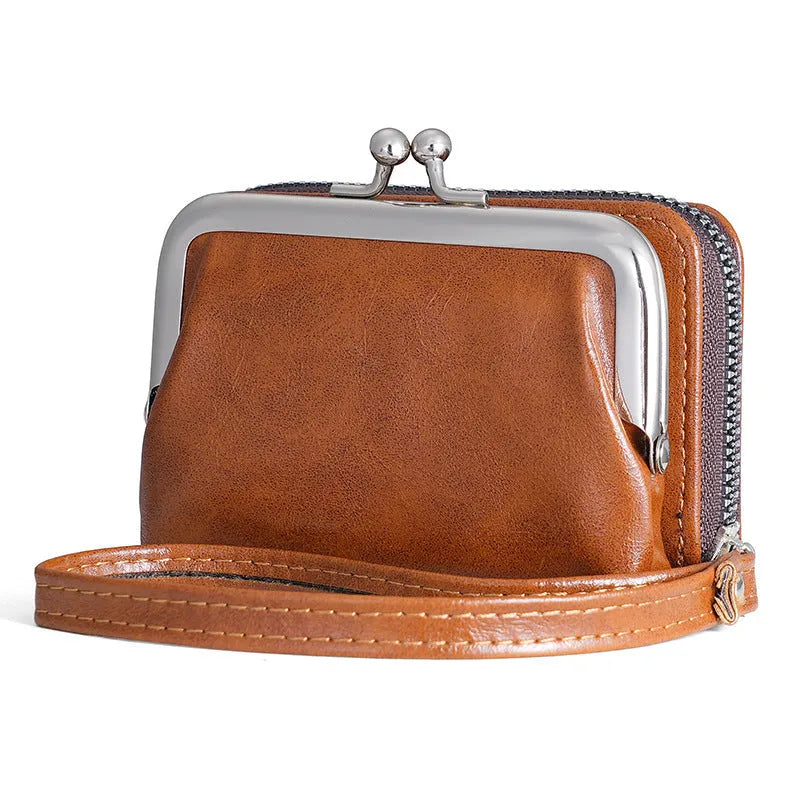 Ladies' buckle coin purse with 4-inch clip, compact wallet for coins and cash, small zipped purse with keychain attachment, available in black, blue, brown, coffee, and jujube red colour options for everyday carry