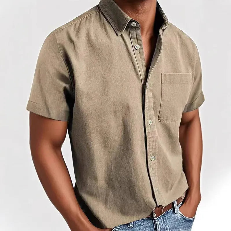 Men's loose fit single-breasted short sleeve shirt in a cotton blend fabric, shown in multiple colour options.