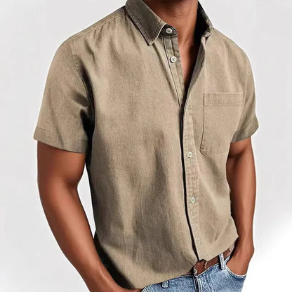 Men's loose fit single-breasted short sleeve shirt in a cotton blend fabric, shown in multiple colour options.