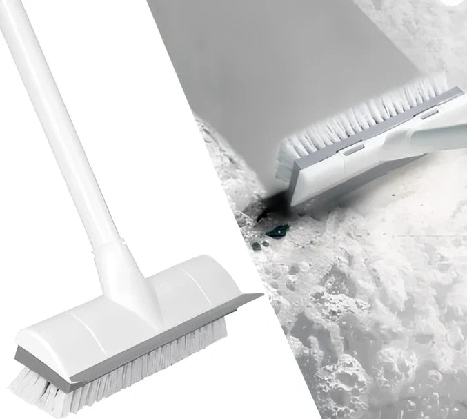 Foldable floor scrub brush with extended handle and integrated scraper for bathroom cleaning