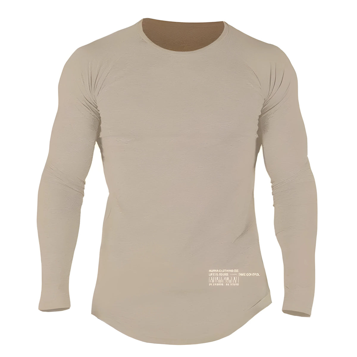 Men's long sleeve cotton fitness T-shirt in black, grey, khaki and white, sizes M to 2XL with size chart