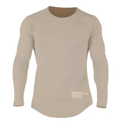Men's long sleeve cotton fitness T-shirt in black, grey, khaki and white, sizes M to 2XL with size chart