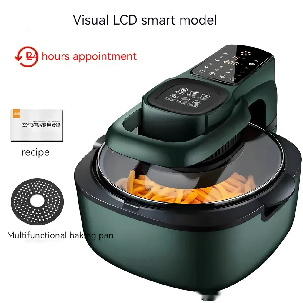 Green air fryer with touch controls measuring 335x325x295mm with 6-litre capacity