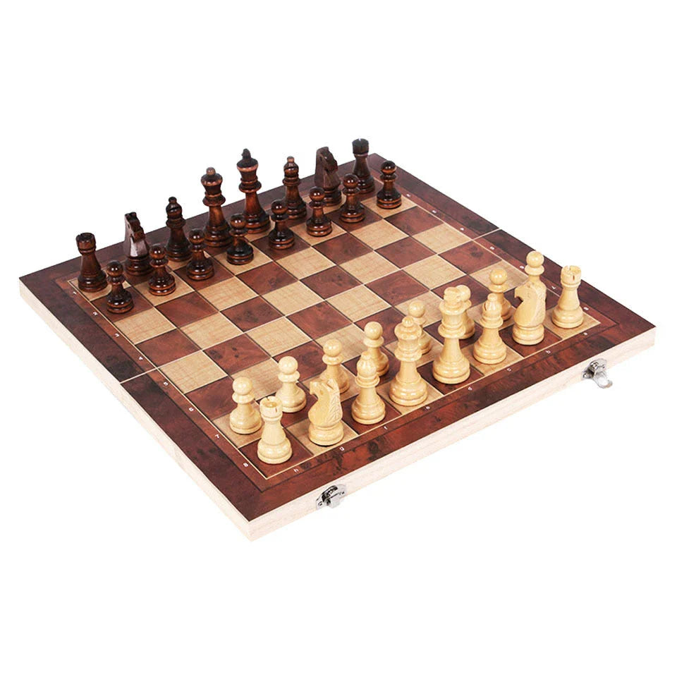 A high-quality wooden 3-in-1 portable game set including backgammon, chess, and checkers for travel and entertainment